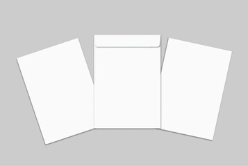 Empty Template Mockup paper and white envelope isolated on background, clean stationery layout for branding, corporate identity, letter design, invitation template, mailing concept, copy space ready.