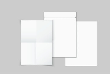 Empty Template Mockup paper and white envelope isolated on background, clean stationery layout for branding, corporate identity, letter design, invitation template, mailing concept, copy space ready.