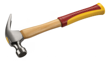 Of a hammer with a wooden handle and red and yellow grip isolated on a transparent background