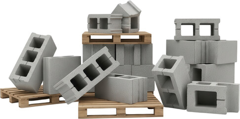 A collection of gray concrete building blocks are stacked and arranged on wooden pallets in a studio setting showcasing construction materials concrete blocks building materials aggregate