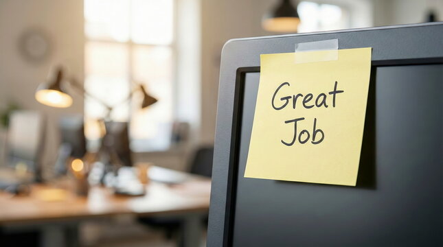 "Great Job" message on a yellow sticky note attached to a computer monitor in a bright, modern office, symbolizing appreciation and success.