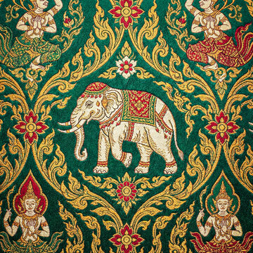 Sacred Lord Indra on Erawan Three-Headed Elephant: Ornate Thai Pattern on Purple Silk
