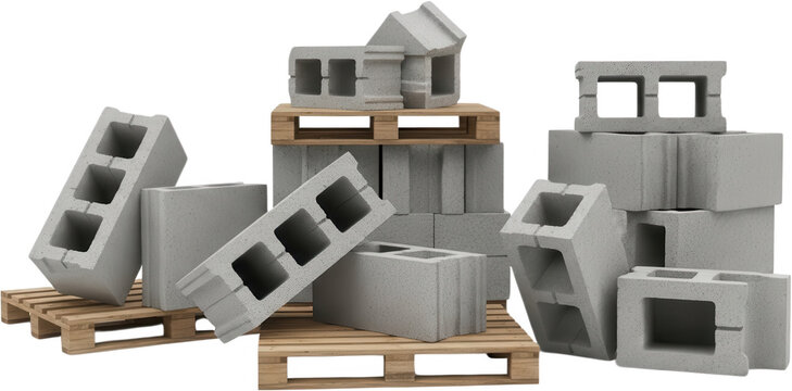 A collection of gray concrete building blocks are stacked and arranged on wooden pallets in a studio setting showcasing construction materials concrete blocks building materials aggregate