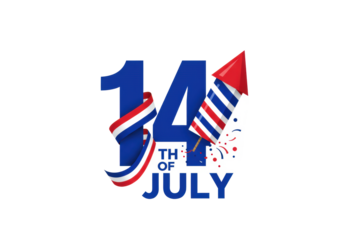 Vibrant graphic illustration of a bold blue '14' with a French flag ribbon, and a striped firecracker incorporating 'TH OF JULY', all on a transparent background. French National Day celebration