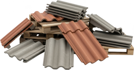 A pile of red clay and grey concrete roof tiles some stacked rest on wooden pallets representing construction materials building materials roofing renovation house industry architecture