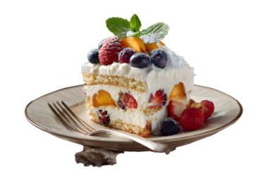 a piece of cake with berries and mint leaves on top