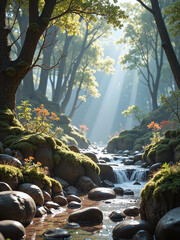 Sunlight flickering through forest leaves, gentle breeze moving branches, natural tones,In the forest&rsquo;s breath lies the rhythm of true freedom.