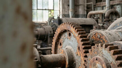 Fototapeta premium Close-up of heavily rusted industrial gears inside an abandoned, decaying factory, showcasing forgotten machinery and a sense of historical decline.