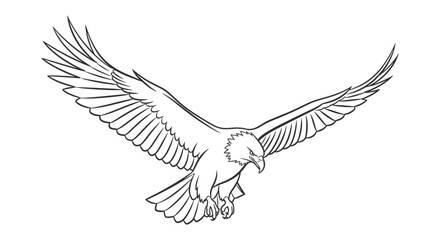 Fototapeta premium Majestic bald eagle spreads its powerful wings while soaring through the sky in this detailed black and white line art illustration.