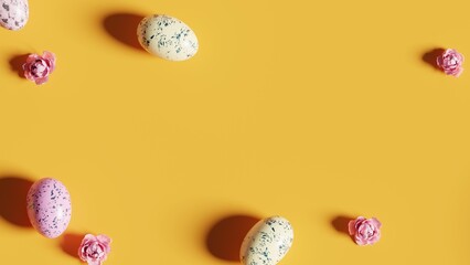 3D Illustration. Flat lay Easter eggs on yellow background. 3D Rendering
