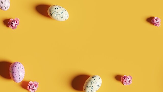 3D Illustration. Flat lay Easter eggs on yellow background. 3D Rendering
