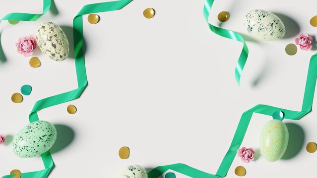 3D Illustration. Flat lay Colorful Easter Eggs on white background. 3D Rendering