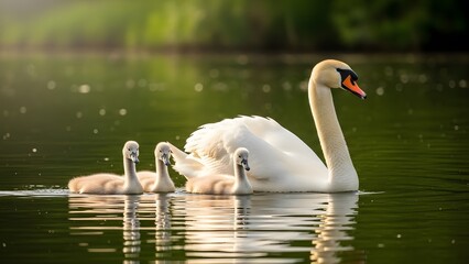 Fototapeta premium Happy mother's day with swan family on serene lake water