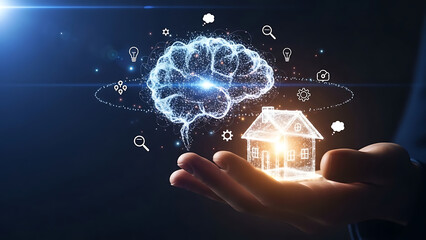 A hand holds a digital house and a glowing network brain.