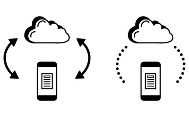 スマホとクラウドのデータの同期イメージ 白黒イラスト mobile cloud sync illustration