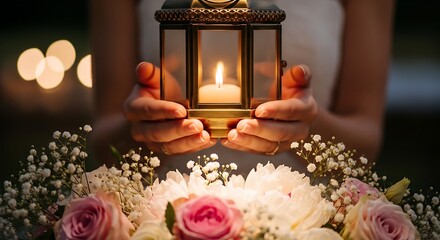 A pair of hands gently holding a lit candle lantern adorned with delicate flowers, symbolizing remembrance and solemnity
