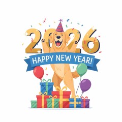 Happy New Year 2026 Celebration with Cute Golden Retriever Dog and Gift Boxes
