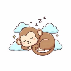 Cute Baby Monkey Sleeping Peacefully on Soft Blue Clouds Cartoon Illustration