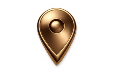Bronze metallic map pin icon showing global location, gps tracking, and navigation point, transparent background