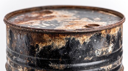 Close-up of a rusty, old metal barrel.  A dark-painted metal drum, heavily oxidized and showing rust.  Holes are visible in the top
