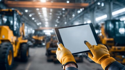 Industrial maintenance worker using AI equipment diagnostics concept with blank tablet screen
