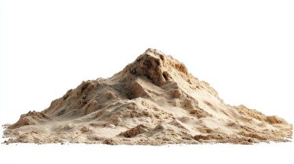 A large mound of light beige sand, isolated on a white background.  It's a sculpted pile with a peaked top