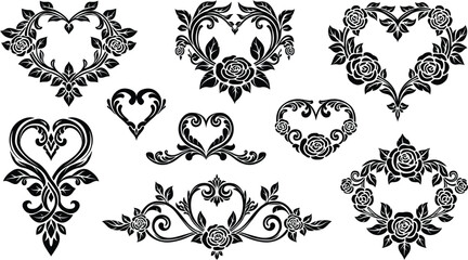 Collection of elegant vintage ornate heart vector elements with floral scrollwork and intricate filigree details, perfect for decorative design projects like invitations © khae