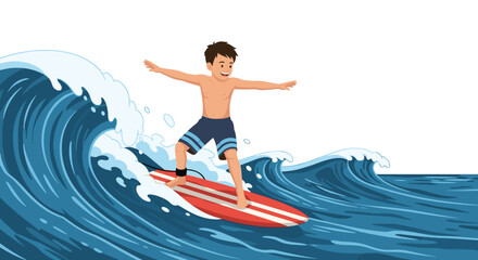 Young boy surfing with a joyful expression on a red surfboard, catching a large blue wave in the ocean under a clear sky.