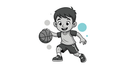 Cheerful cartoon boy skillfully dribbling a basketball with a smile, isolated on a white background with decorative blue circles.