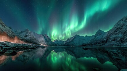 Aurora Borealis streaks above snowy peaks, mirrored in still water under a starry sky, distant house glows