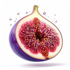 A halved, juicy fig showing intricate interior detail and some bubbles
