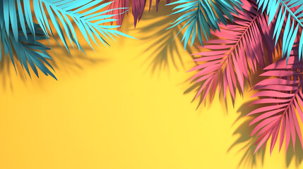 Vibrant tropical leaves on yellow backdrop, ideal for summer, travel, fashion, or floral-themed designs.