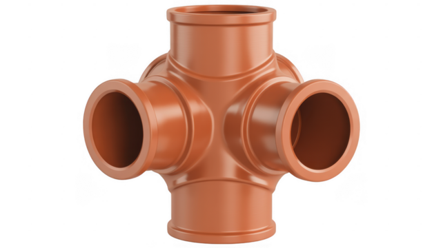 Orange PVC four way pipe connector fitting orange PVC pipe isolated on a transparent background - Powered by Adobe