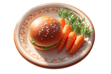 a hamburger and carrots on a plate