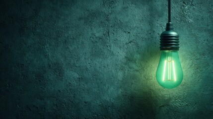 Teal lightbulb hanging against a textured dark teal wall
