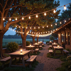 Warm string lights across trees, wooden tables on grass, candlelight flickering in breeze,A natural outdoor setup radiating warmth and effortless charm.