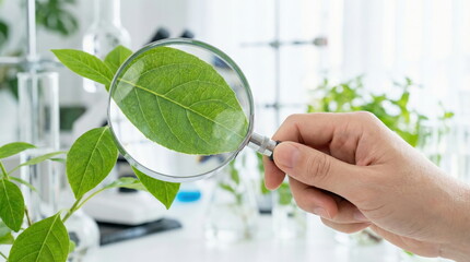 A scientist inspects a vibrant green plant leaf with a magnifying glass in a clean laboratory, highlighting botanical research and environmental biology.