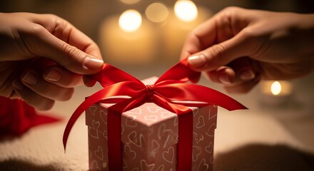 Close-up of hands tying a red ribbon on a festive gift box, perfect for occasions and celebrations