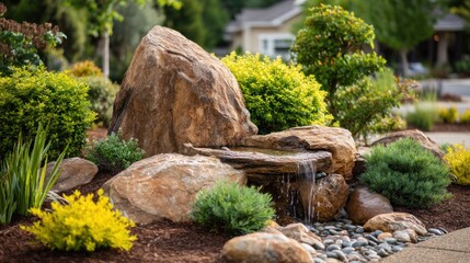 Rustic rock water feature in landscaped garden