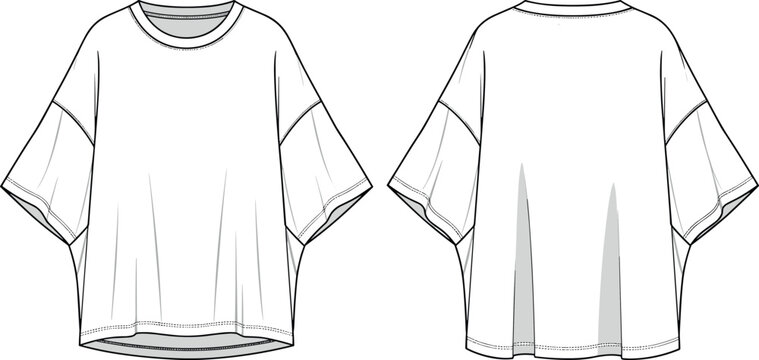 Oversized Boxy Fit Heavyweight Cotton T-shirt Technical Flat Sketch Vector Template with Drop Shoulder and Wide Sleeves for Apparel Design