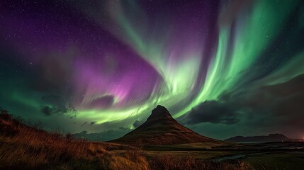 Aurora borealis dances above a peaked mountain, painting the sky with green and violet light