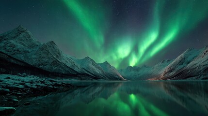 Aurora Borealis paints the sky, reflected in a serene lake surrounded by snow-capped mountains