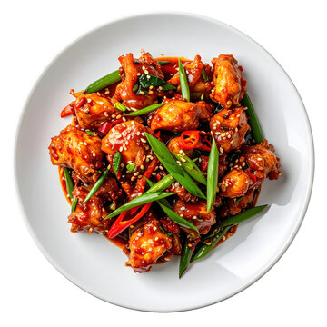 Close-up of dak galbi, highlighting the tender marinated chicken, chewy rice cakes, and vibrant sauce, isolated on a white background