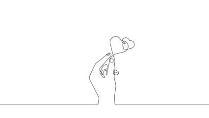 Continuous line hand holding small heart illustration vector, love affection care and emotional connection concept
