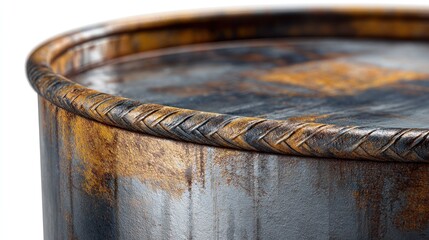 Close-up showcases a weathered metal container's rim and surface. Rust stains paint the exterior a gradient of browns and blues. Focus is tight