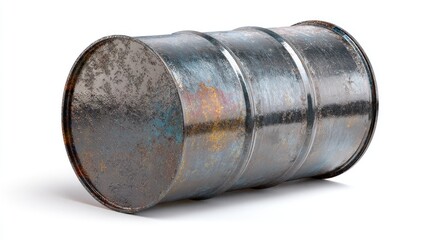 A weathered, cylindrical metal container lies horizontally, showing significant rust and color variations. The vessel is likely old and unused