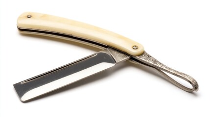 A classic straight razor, its bright silver blade open, featuring an off-white handle, rivets, and a decorative spine detail, set on a white surface