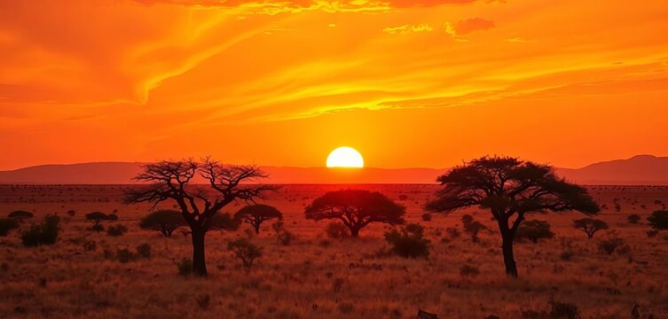 Goldene Abendsonne taucht die weite afrikanische Savanne in warmes Licht, markante Akazienb&auml;ume stehen majest&auml;tisch unter einem orangefarbenen Himmel,  serenit&auml;t,  Sand
