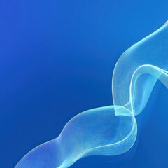 A gradient blue backdrop with a flowing, ethereal white-blue energy stream. The airy design evokes movement and abstract forms gracefully weaving across