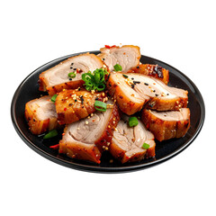 Classic dongpo pork in dark soy glaze with scallions, beautifully cooked and isolated on white background for menus